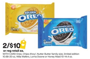 Oreo, Chips Ahoy!, Nutter Butter family size, limited edition 10.68-20 oz, Nilla Wafers, Lorna Doone or Honey Maid 10-14.4 oz.