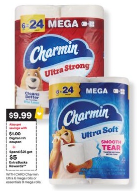 Charmin Ultra 6 mega rolls or essentials 9 mega rolls