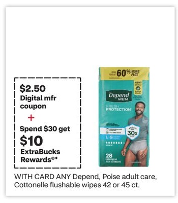 ANY Depend, Poise adult care, Cottonelle flushable wipes 42 or 45 ct.