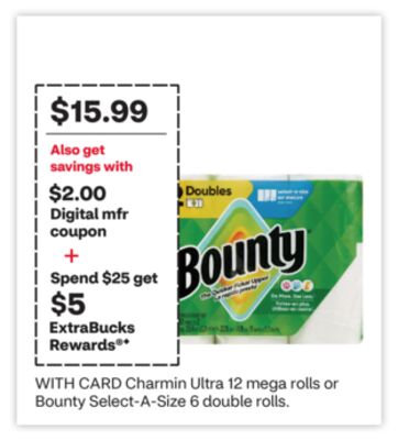 Charmin Ultra 12 mega rolls or Bounty Select-A-Size 6 double rolls