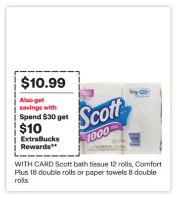 Scott bath tissue 12 rolls, Comfort Plus 18 double rolls or paper towels 8 double rolls