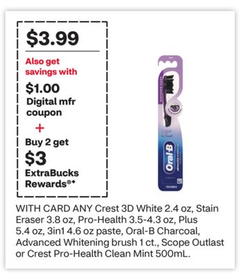 ANY Crest 3D White 2.4 oz, Stain Eraser 3.8 oz, Pro-Health 3.5-4.3 oz, Plus 5.4 oz, 3in1 4.6 oz paste, Oral-B Charcoal, Advanced Whitening brush 1 ct., Scope Outlast or Crest Pro-Health Clean Mint 500mL.
