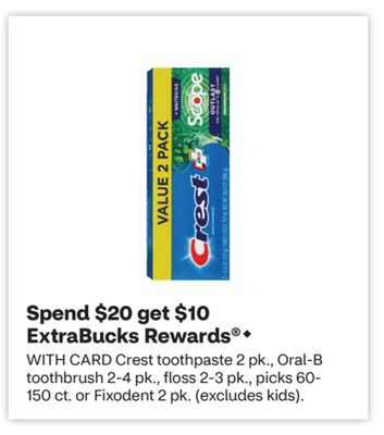 Crest toothpaste 2 pk., Oral-B toothbrush 2-4 pk., floss 2-3 pk., picks 60- 150 ct. or Fixodent 2 pk. (excludes kids)