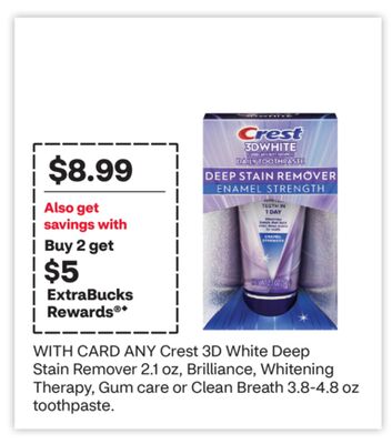 ANY Crest 3D White Deep Stain Remover 2.1 oz, Brilliance, Whitening Therapy, Gum care or Clean Breath 3.8-4.8 oz toothpaste.