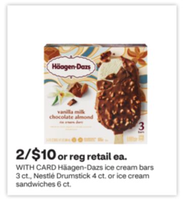 Häagen-Dazs ice cream bars 3 ct., Nestlé Drumstick 4 ct. or ice cream sandwiches 6 ct.