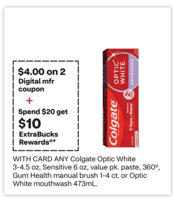 ANY Colgate Optic White 3-4.5 oz, Sensitive 6 oz, value pk, paste, 360°, Gum Health manual brush 1-4 ct. or Optic White mouthwash 473mL