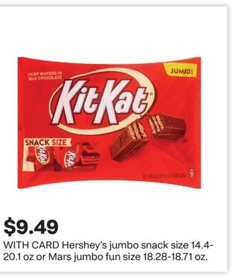 Hershey's jumbo snack size 14.4- 20.1 oz or Mars jumbo fun size 18.28-18.71 oz.
