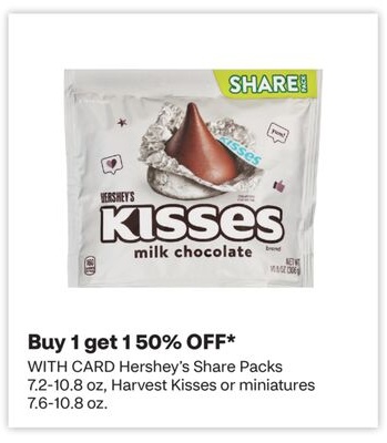 Hershey's Share Packs 7.2-10.8 oz, Harvest Kisses or miniatures 7.6-10.8 oz.
