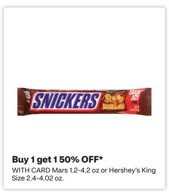 Mars 1.2-4.2 oz or Hershey's King Size 2.4-4.02 oz.