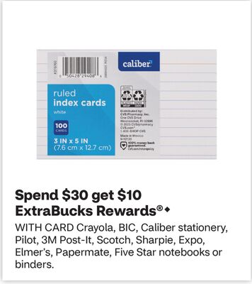 Crayola, BIC, Caliber stationery, Pilot, 3M Post-It, Scotch, Sharpie, Expo, Elmer's, Papermate, Five Star notebooks or binders