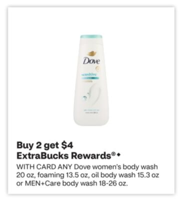 ANY Dove women's body wash 20 oz, foaming 13.5 oz, oil body wash 15.3 oz or MEN+Care body wash 18-26 oz.