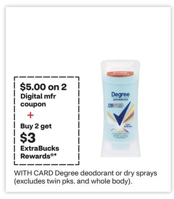Degree deodorant or dry sprays (excludes twin pks. and whole body).