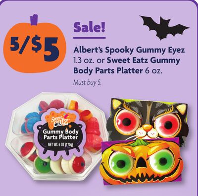Albert's Spooky Gummy Eyez 1.3 oz. or Sweet Eatz Gummy Body Parts Platter 6 oz.