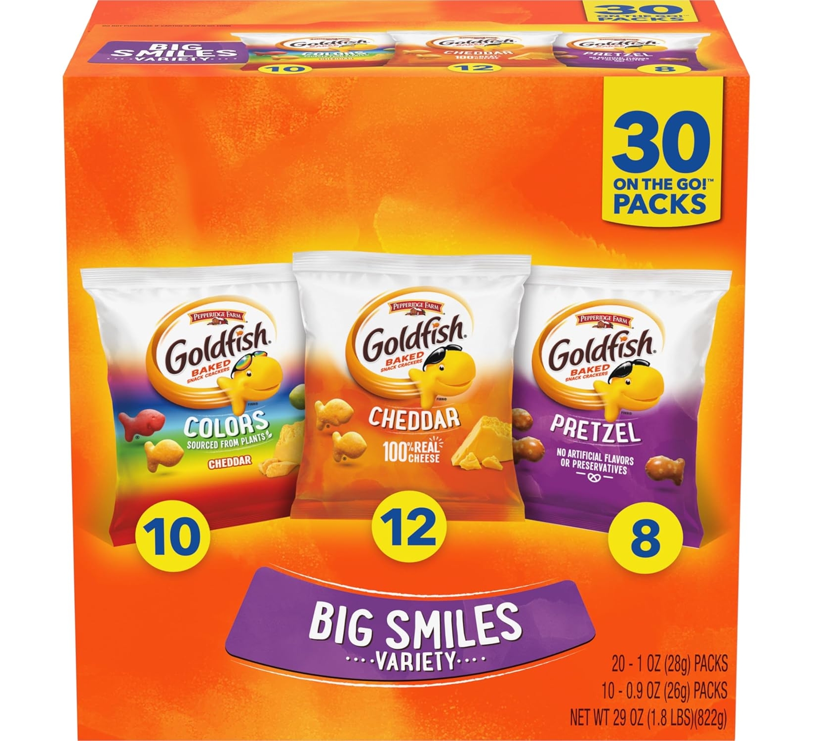 Goldfish Crackers Big Smiles Variety Pack, Cheddar, Colors, and Pretzels, 30 Ct