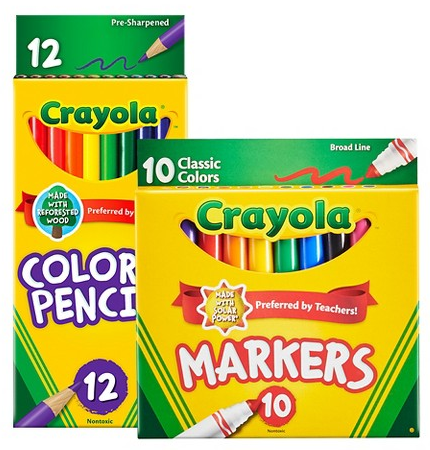 Crayola 10-ct. broad tip markers or 12-ct. colored pencils