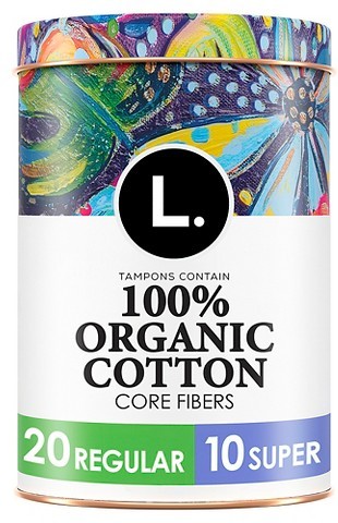 L. 30-ct. organic cotton core fiber tampons with reusable tin