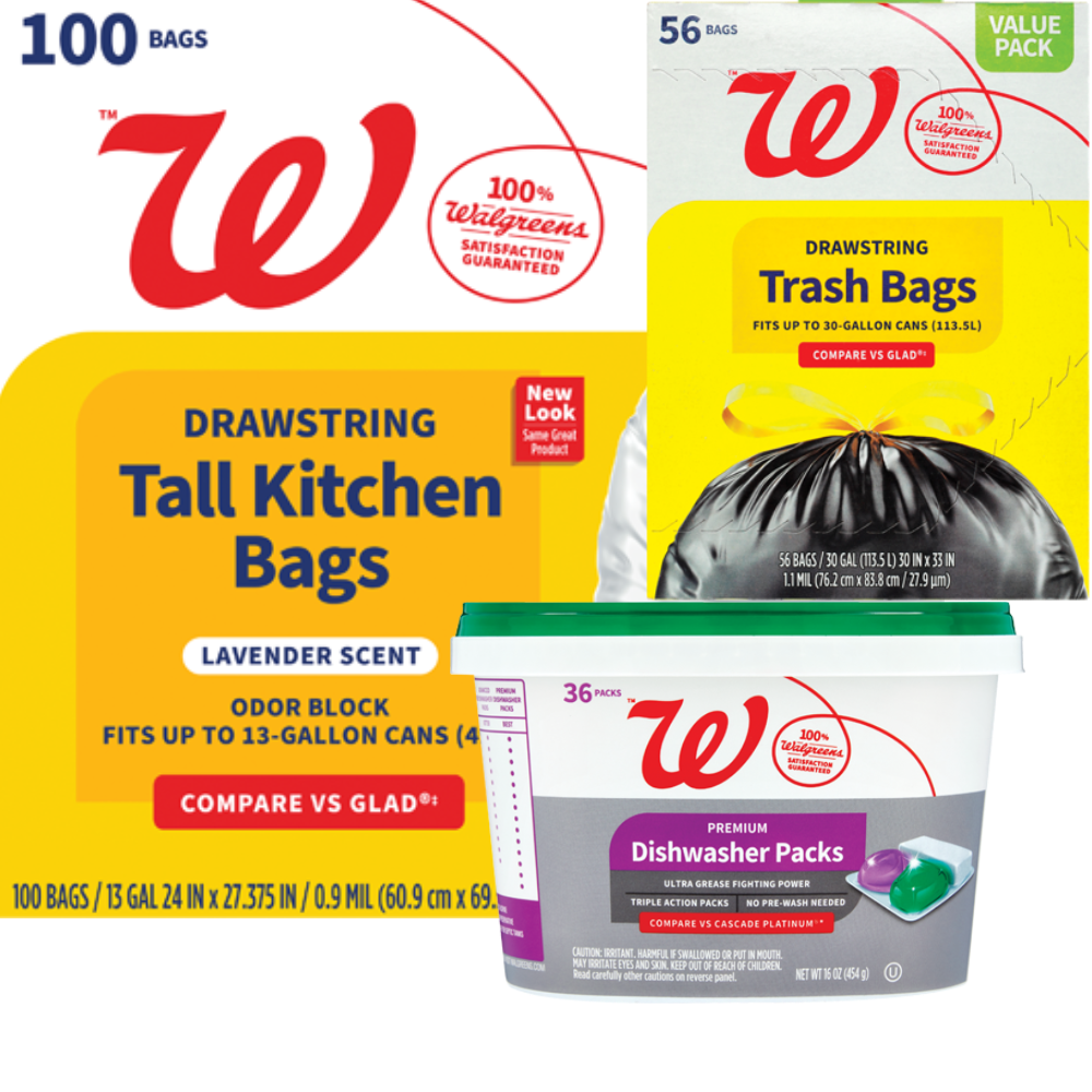 Walgreens Dishwasher Pods, Drain Cleaner, Disinfecting Wipes or Trash Bags