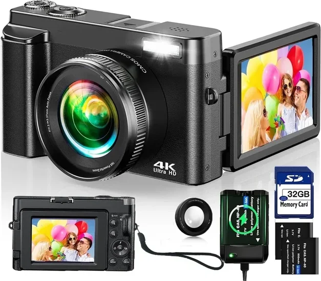 ACTITOP Digital Camera 4K 48MP Autofocus Vlogging Camera with 180 Flip Screen and 32GB SD Card