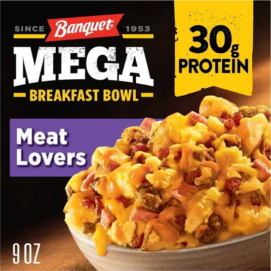 Banquet MEGA Breakfast Bowl Meat Lovers, 30g Protein, Frozen Breakfast Bowl, 9 oz. Bowl
