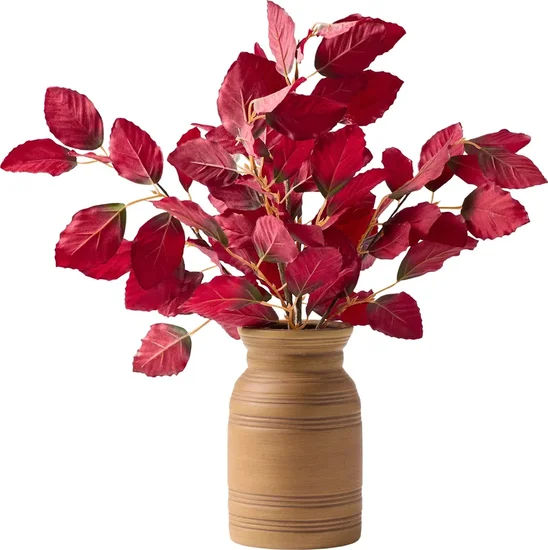 Better Homes and Gardens 19.5"H Artificial Real Touch Burgundy Leaves in 7.38"H Brown Ceramic Vase Made for Tabletops - 1.76 lbs