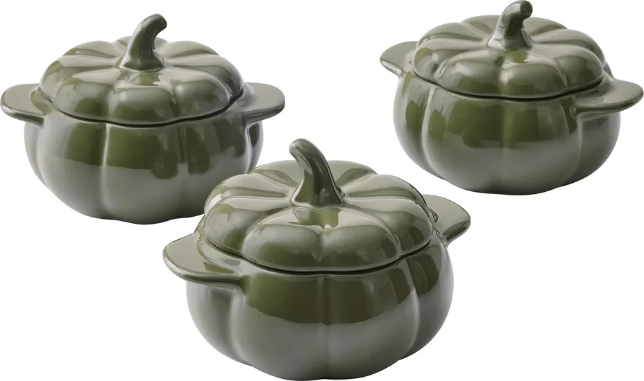 Better Homes & Gardens 8 oz Green Figural Pumpkin Stoneware Cocotte with Lid, Set of 3