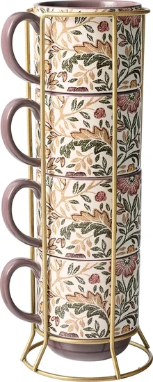 Better Homes & Gardens Edith Vine Floral 14 oz Stoneware Stacking Mugs with Metal Rack, 5-Piece Set