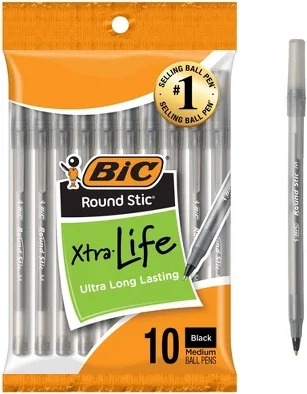 BIC 10pk Xtra Life Ballpoint Pens Medium Tip Black ink: School Supplies, Stationery, 1.0mm Point, Office Essentials