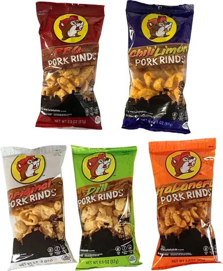 Buc-ee's Pork Rind Sampler | Pork Crackling Snacks | Pork Snack Box | 5-Pack, Original, Habanero, Dill Pickle, Chile Limon, BBQ | Bucees Snack Box