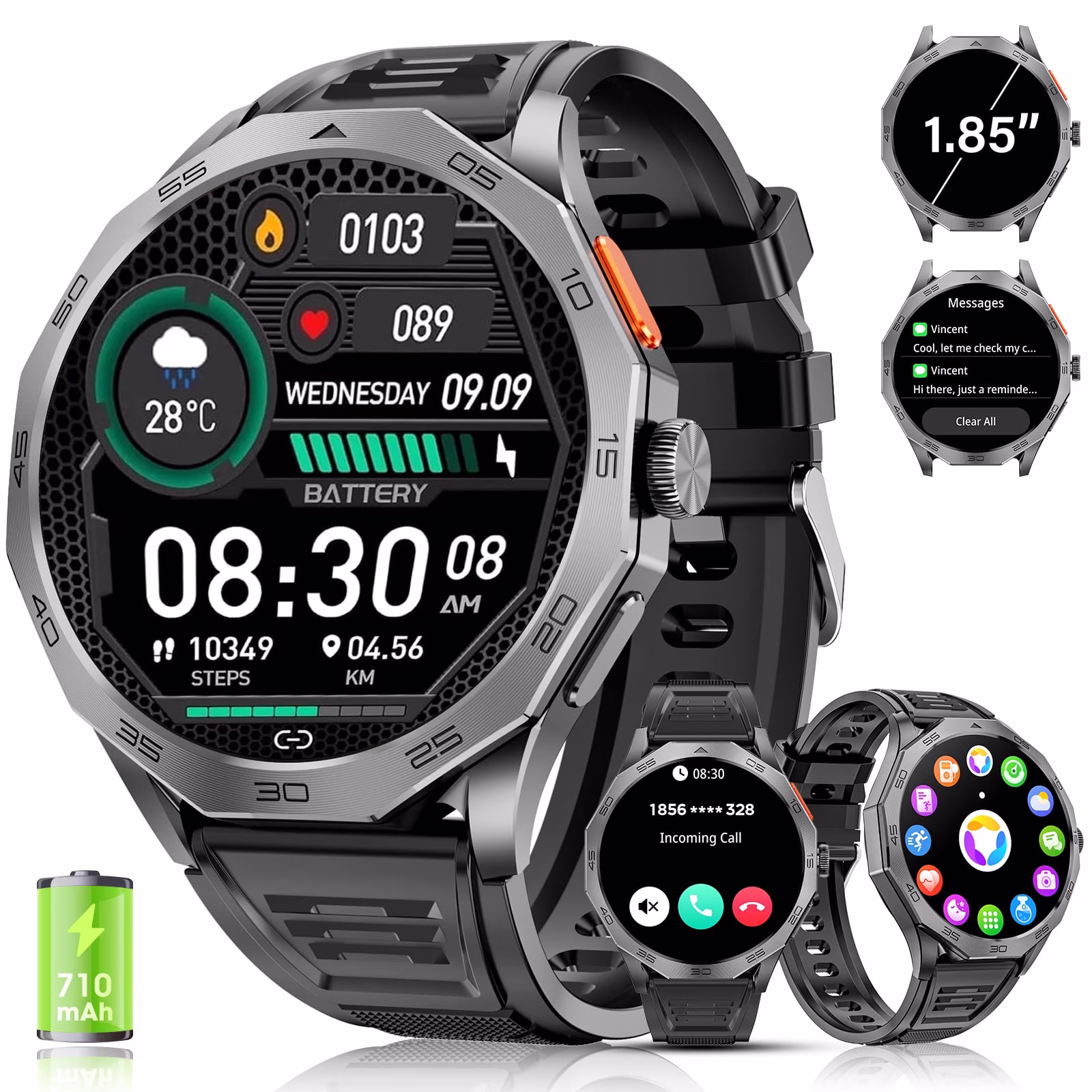 Haulvean Military Smart Watch for Men, 1.85-inch fits for Android and Iphone Devices, with Answer/Make Calls/100+ Sport Modes, Fitness Tracker Watches (Black)