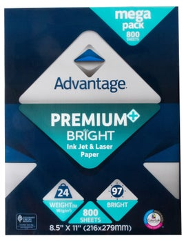 Advantage Premium Bright Ink Jet and Laser Paper, 8.5"x11" Letter, White, 24lb, 97 Bright, 1 Ream of 800 Sheets