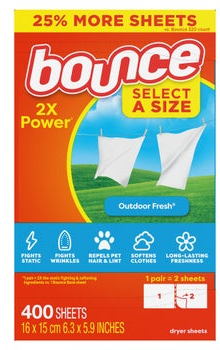 Bounce Select a Size Fabric Softener Dryer Sheets, Outdoor Fresh, 400-count
