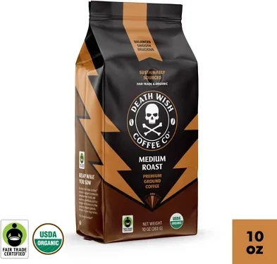 Death Wish Coffee Organic and Fair Trade Medium Roast Ground Coffee 10oz