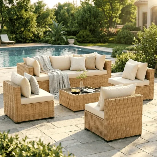 ELPOSUN 7-Piece Patio Furniture Set, Outdoor Conversation Set, All-Weather Wicker Outdoor Sectional Sofa Set with Table & Cushions, Beige