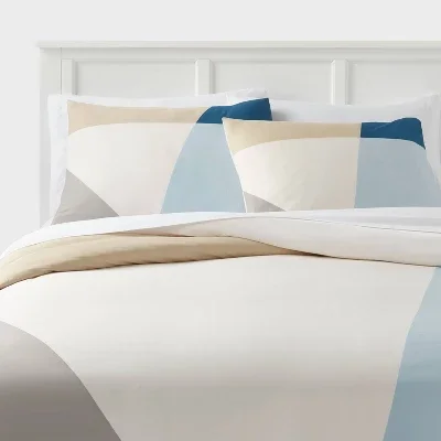 Full/Queen Cotton Blend Sateen Duvet Cover and Sham Set Ivory/Light Blue/Khaki Geo - Room Essentials™: 225 Thread Count, OEKO-TEX Certified