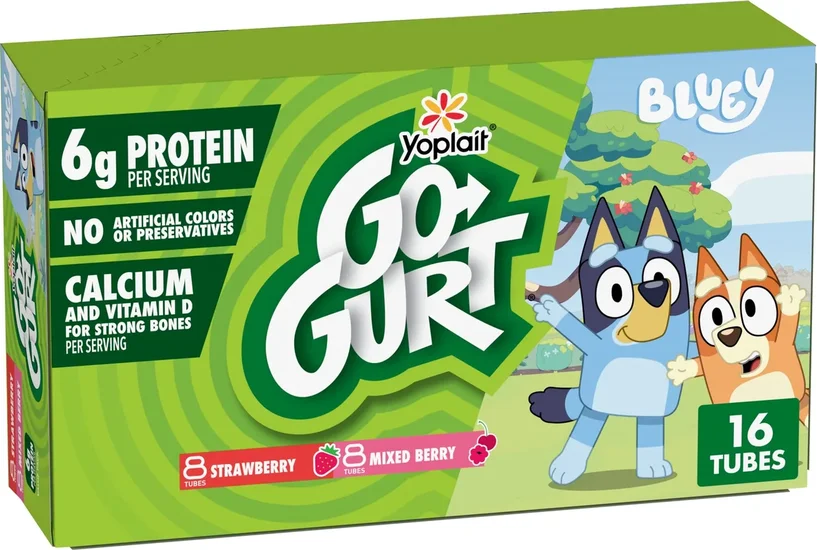 Go-GURT Bluey Yogurt Tubes, Strawberry, Mixed Berry, 6g Protein, Calcium, 16 Count, 32 oz