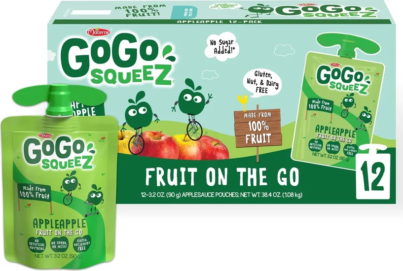 GoGo squeeZ Applesauce and Fruit Puree, Apple Apple Snack Pouches, 3.2 oz, 12 Pack