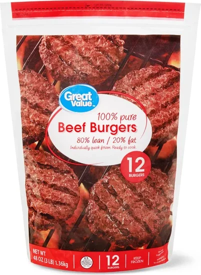 Great Value Beef Burgers, 80% Lean/20% Fat, 3 lbs, 12 Count (Frozen)