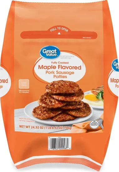 Great Value Fully Cooked Maple Flavored Frozen Pork Sausage Patties, 24.92 oz bag