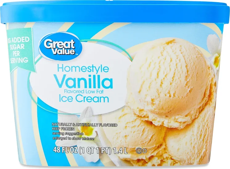Great Value Homestyle 0 Sugar, Vanilla Flavored Low Fat Ice Cream, 48 fl oz Tub