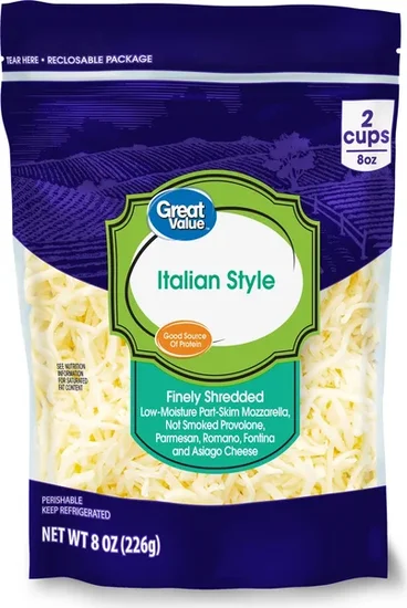 Great Value Italian Style Finely Shredded Cheese, 8 oz Bag