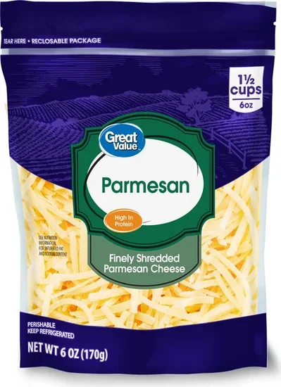 Great Value Parmesan Finely Shredded Cheese, 6 oz Bag