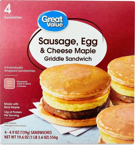 Great Value Sausage, Egg & Cheese Maple Griddle Sandwich, 4.9 oz, 4 Count