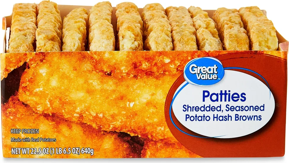 Great Value Seasoned Potato Hash Brown Patties, Shredded, 22.5 oz, 10 Count (Frozen)