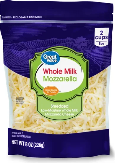 Great Value Whole Milk Low-Moisture Mozzarella Shredded Cheese, 8 oz Bag