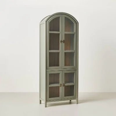 Grooved Wood with Glass 4 Door Arch Cabinet Sage Green - Hearth & Hand™ with Magnolia