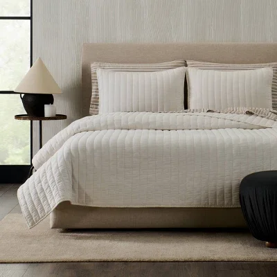 Jeremiah Brent Home 3pc Full/Queen Channel Rice Stitch Gauze Quilt Set Cream