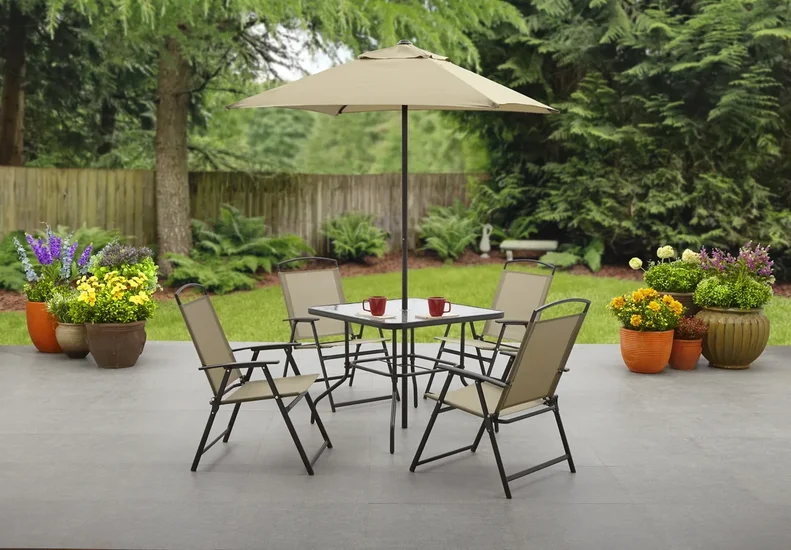 Mainstays Albany Lane 6-Piece Steel Outdoor Patio Dining Set with Umbrella, Tan