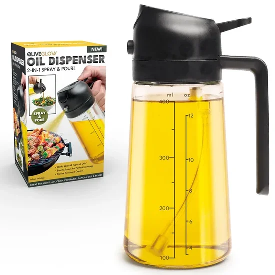 Olive Glow 2-in-1 Oil Spray & Pour Dispenser, Leakproof and Refillable Glass Bottle for Cooking