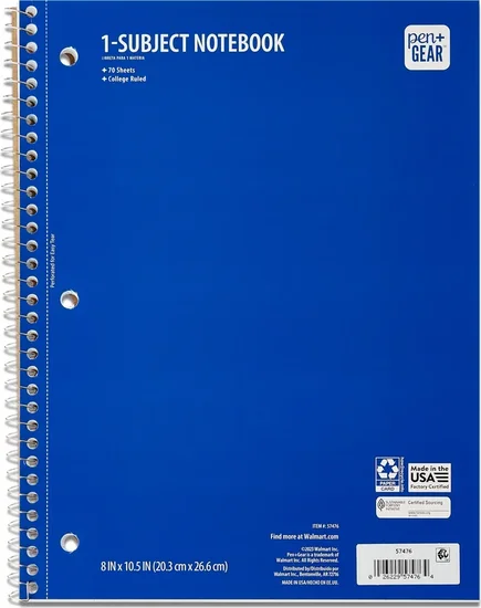 Pen+Gear College Ruled 1-Subject Notebook, 8" x 10.5", Blue, 70 Sheets