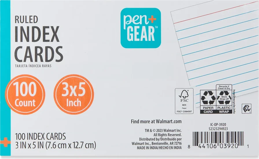Pen+Gear Ruled Index Cards, 3 x 5, White, 100 Count